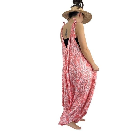 Po`a‘lima Coral White Tropical Floral Boho Wide Leg Beach Summer Romper - Picture 14 of 15